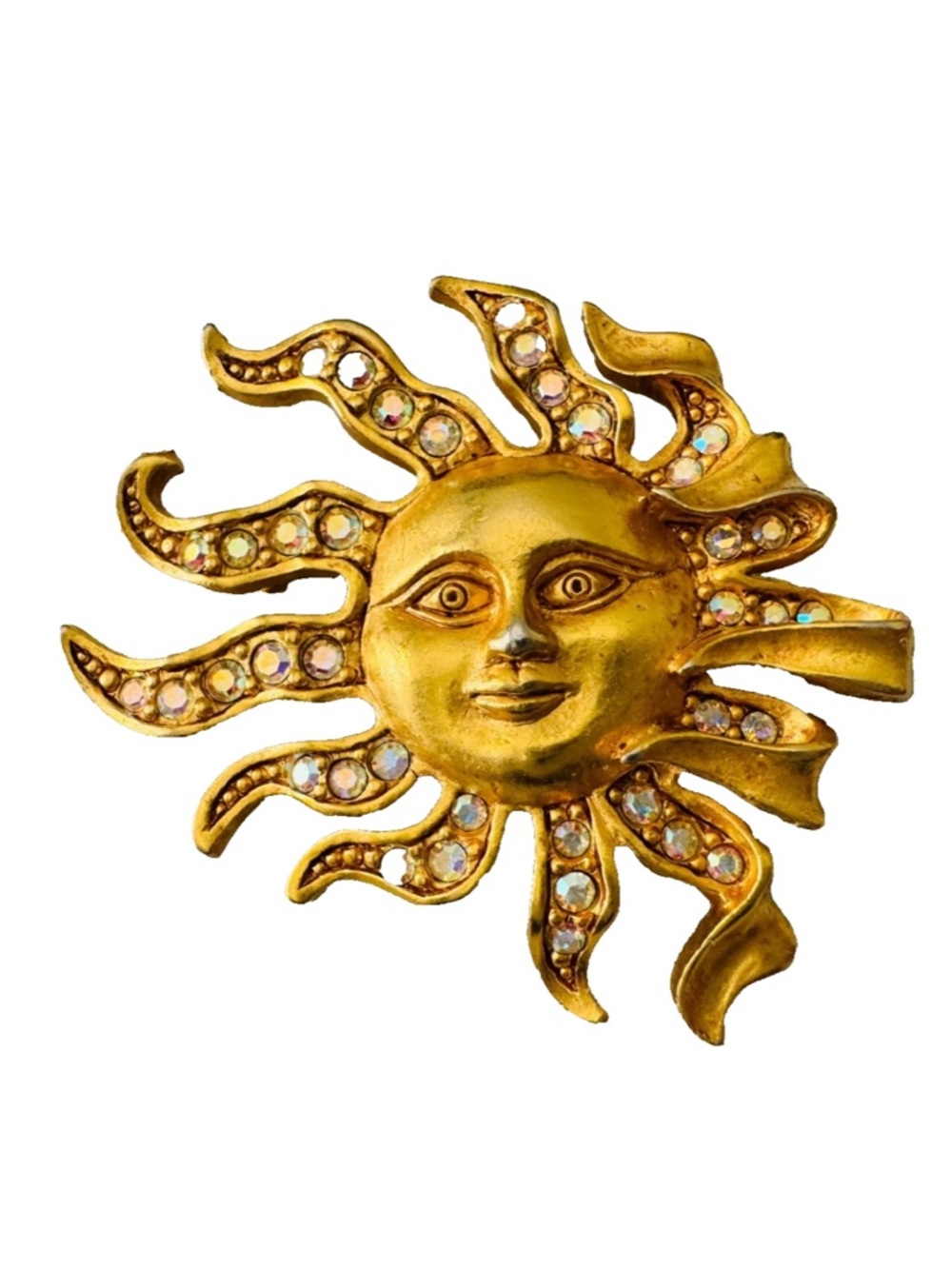 Vintage KIRKS FOLLY AB Crystals Celestial Sun Gold Tone Brooch Pin 1 13/16”